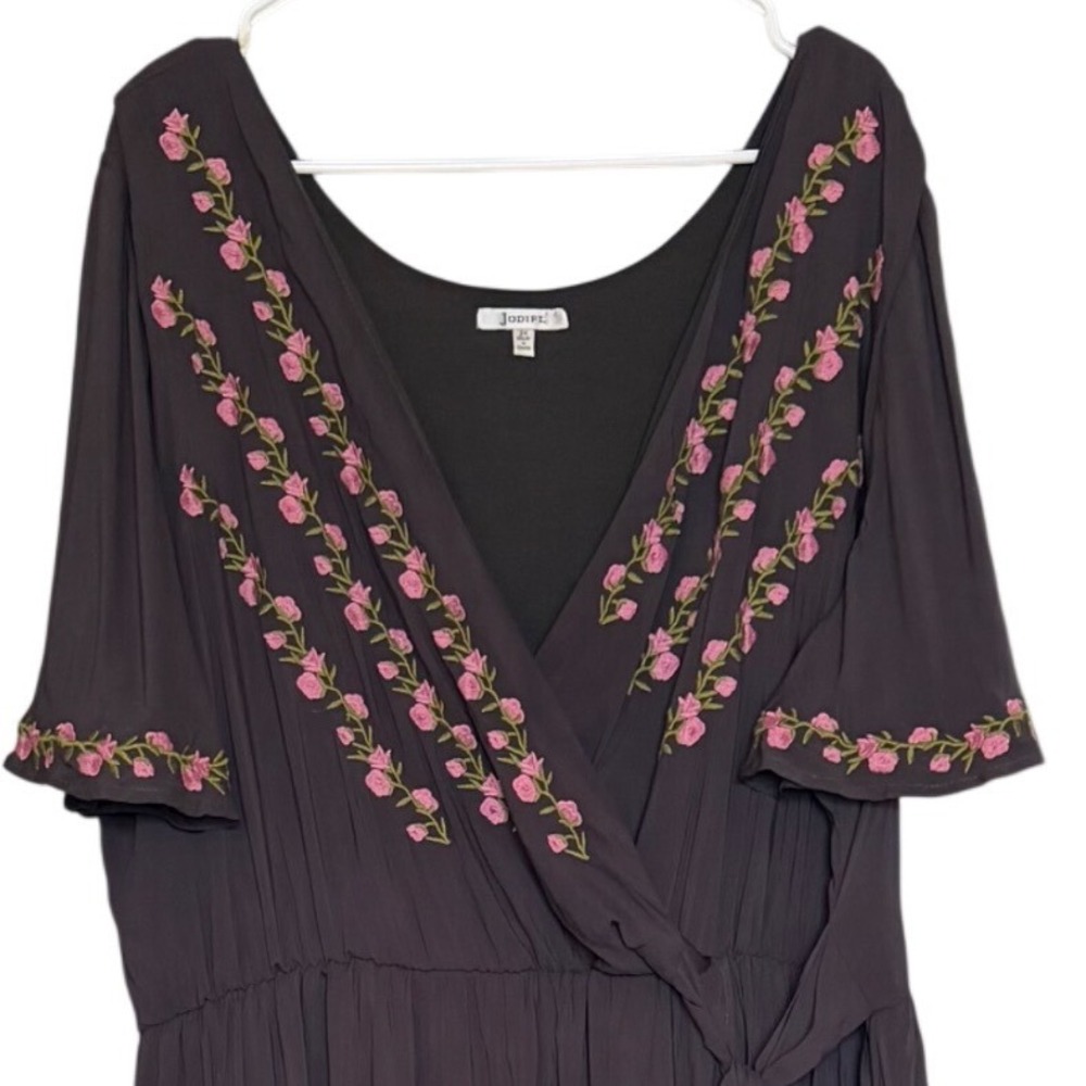 Jodifl Womens 3X Brown Floral Embroidered Maxi Dress Casual Cottagecore Boho